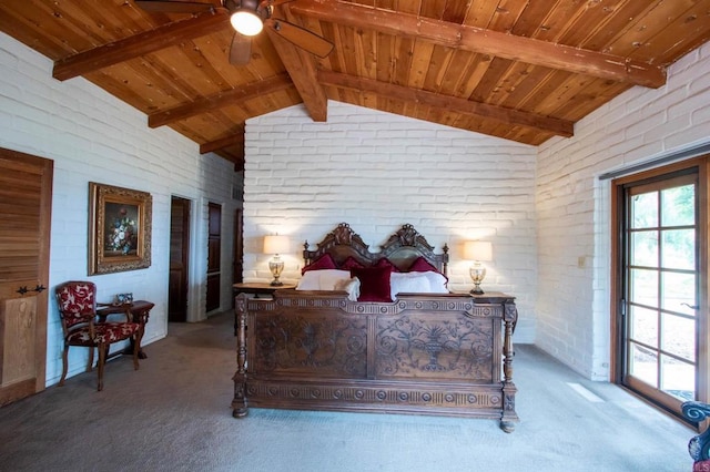 11105 Berry Rd, Valley Center, CA 92082 - bedroom featuring brick wall, carpet flooring, and wooden ceiling