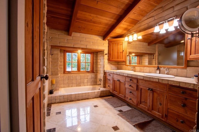 11105 Berry Rd, Valley Center, CA 92082 - bathroom featuring a wood ceiling with exposed beams, double vanity, tiled bath, tile patterned floors, and tiled shower