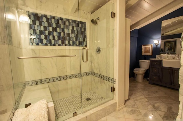 11105 Berry Rd, Valley Center, CA 92082 - bathroom featuring vanity, a stall shower, and marble finish floors