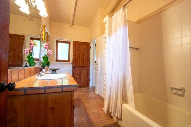 11105 Berry Rd, Valley Center, CA 92082 - bathroom featuring vanity, tile patterned floors, shower / bath combo, a chandelier, and wood ceiling