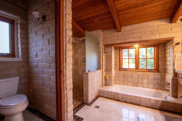11105 Berry Rd, Valley Center, CA 92082 - bathroom featuring a wooden ceiling with exposed beams, tile patterned floors, tiled bath, and vanity