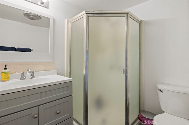 1803 Nob Hill Dr, Running Springs, CA 92382 - bathroom with decorative backsplash, a stall shower, toilet, and vanity