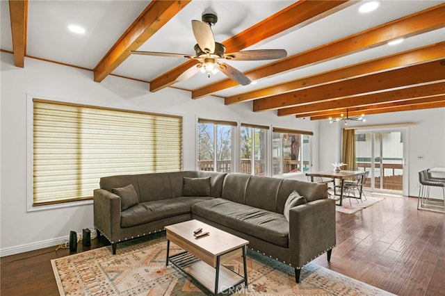 1803 Nob Hill Dr, Running Springs, CA 92382 - living area with beamed ceiling, baseboards, wood finished floors, a ceiling fan, and recessed lighting