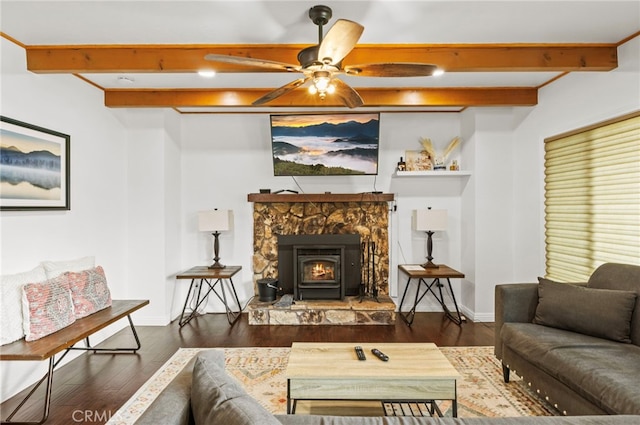 1803 Nob Hill Dr, Running Springs, CA 92382 - living area featuring beamed ceiling, a ceiling fan, wood finished floors, and baseboards