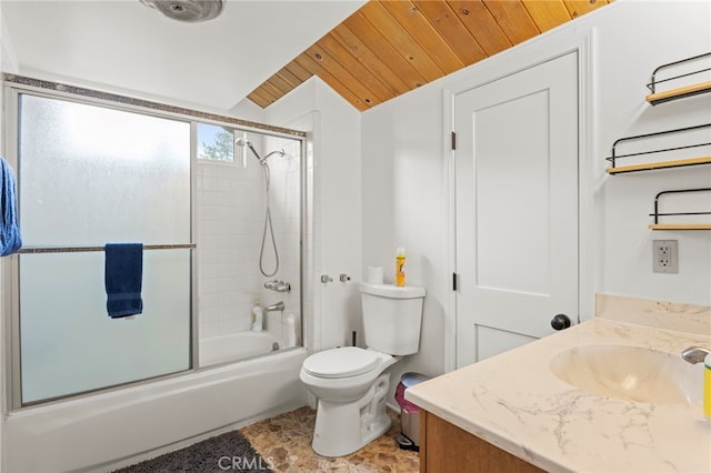 1803 Nob Hill Dr, Running Springs, CA 92382 - full bath with lofted ceiling, toilet, shower / bath combination with glass door, wood ceiling, and vanity