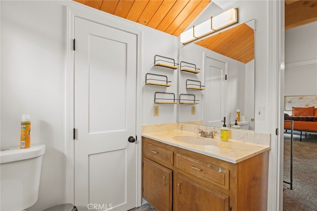 1803 Nob Hill Dr, Running Springs, CA 92382 - bathroom with wooden ceiling, vanity, toilet, and lofted ceiling
