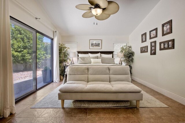 3749 Sarah Ann Dr, Fallbrook, CA 92028 - bedroom featuring access to outside, vaulted ceiling, baseboards, and a ceiling fan