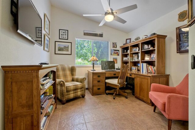 3749 Sarah Ann Dr, Fallbrook, CA 92028 - office area featuring lofted ceiling, a ceiling fan, and light tile patterned floors