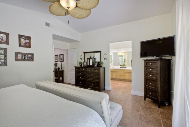 3749 Sarah Ann Dr, Fallbrook, CA 92028 - bedroom featuring tile patterned flooring, vaulted ceiling, ensuite bath, baseboards, and a ceiling fan