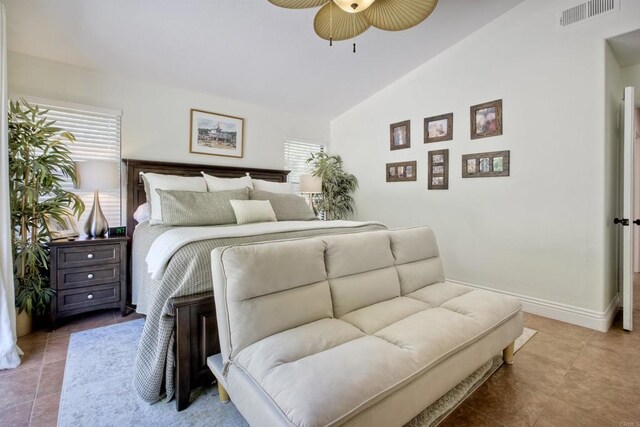 3749 Sarah Ann Dr, Fallbrook, CA 92028 - tiled bedroom featuring vaulted ceiling, baseboards, and a ceiling fan