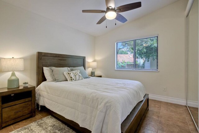 3749 Sarah Ann Dr, Fallbrook, CA 92028 - bedroom with vaulted ceiling, tile patterned floors, baseboards, and ceiling fan