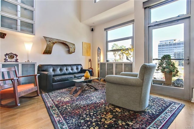 133 The Promenade N Unit 408, Long Beach, CA 90802 - living area with light wood-type flooring and a towering ceiling
