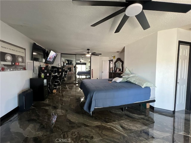 15245 Apache Rd, Apple Valley, CA 92307 - bedroom featuring marble tiled floors, a textured ceiling, and ceiling fan