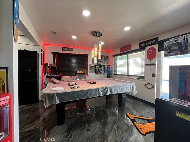 15245 Apache Rd, Apple Valley, CA 92307 - playroom with pool table, marble tiled flooring, recessed lighting, and baseboards