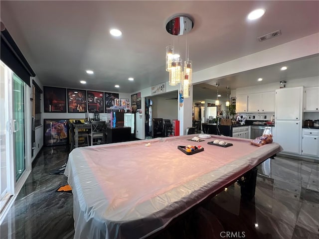 15245 Apache Rd, Apple Valley, CA 92307 - recreation room with billiards table, recessed lighting, and dark marble finish flooring