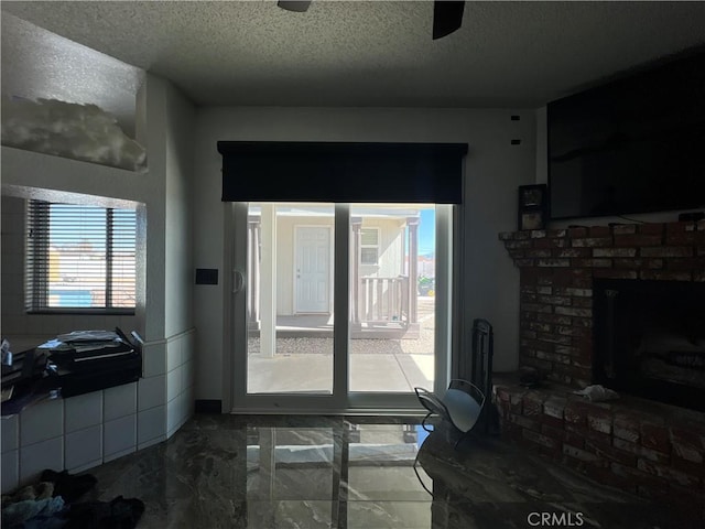 15245 Apache Rd, Apple Valley, CA 92307 - living room with a textured ceiling, a brick fireplace, and marble finish flooring