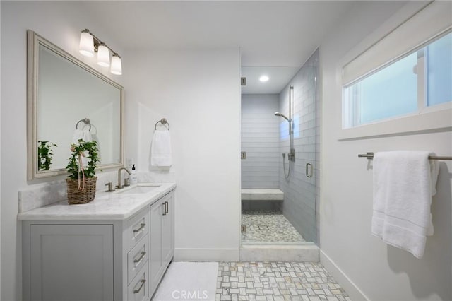 519 Signal Rd, Newport Beach, CA 92663 - full bath featuring baseboards, a stall shower, vanity, and recessed lighting