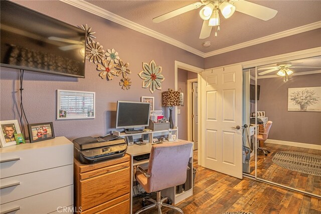 43156 41st St W, Lancaster, CA 93536 - office featuring a ceiling fan, wood finished floors, crown molding, and baseboards