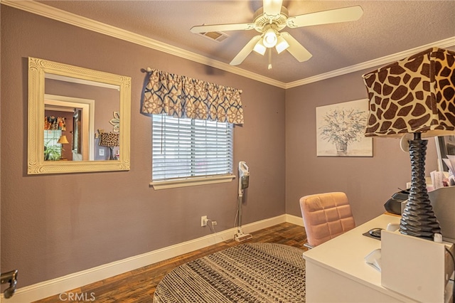 43156 41st St W, Lancaster, CA 93536 - office featuring dark wood-style floors, baseboards, ornamental molding, a ceiling fan, and a textured ceiling