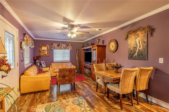 43156 41st St W, Lancaster, CA 93536 - living area with hardwood / wood-style flooring, a textured ceiling, crown molding, and ceiling fan