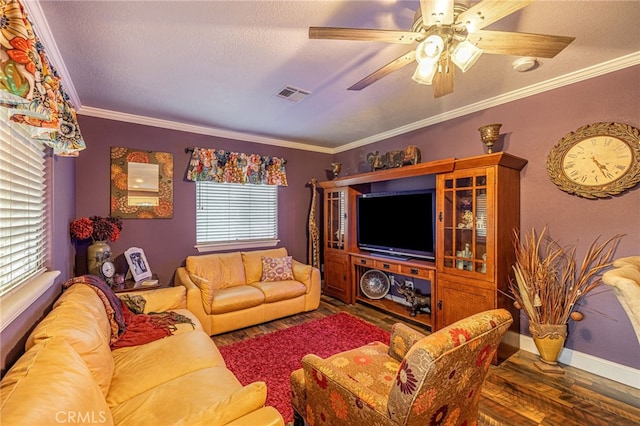 43156 41st St W, Lancaster, CA 93536 - living area with wood finished floors, ornamental molding, a ceiling fan, baseboards, and a textured ceiling