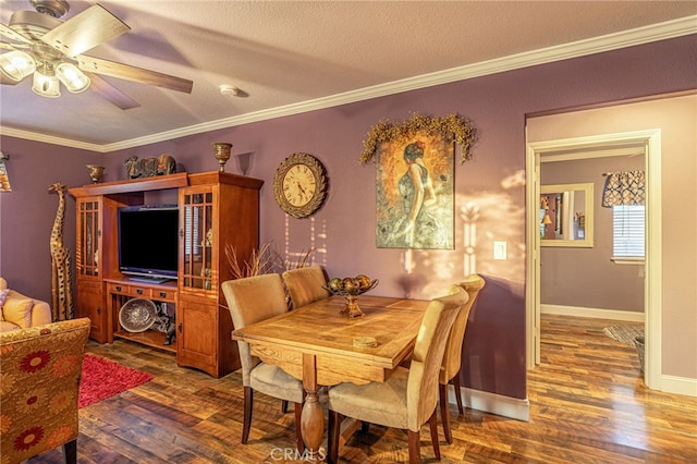 43156 41st St W, Lancaster, CA 93536 - dining area featuring ornamental molding, wood finished floors, a ceiling fan, a textured ceiling, and baseboards