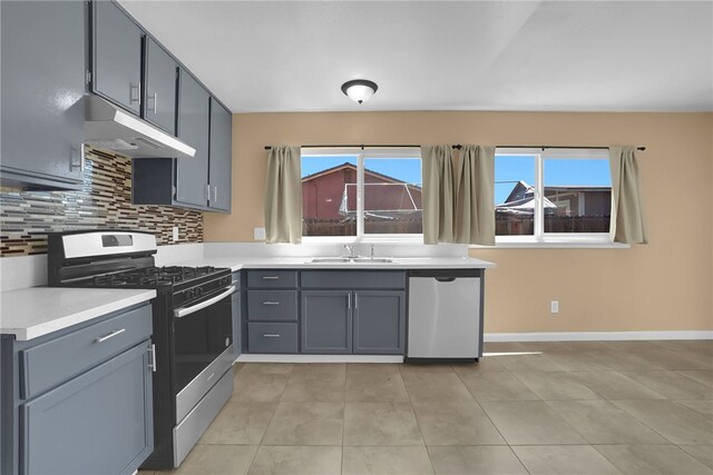 1018 N Millard Ave, Rialto, CA 92376 - kitchen featuring appliances with stainless steel finishes, under cabinet range hood, a sink, gray cabinetry, and decorative backsplash