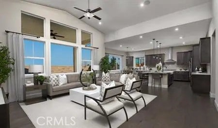 29945 Ruby Way, Cathedral City, CA 92234 - living area featuring a ceiling fan, wood finished floors, vaulted ceiling, and recessed lighting