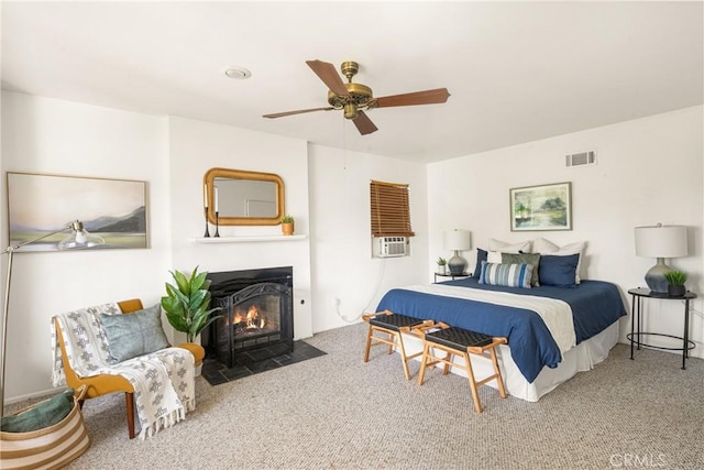 528 E Palmyra Ave, Orange, CA 92866 - bedroom featuring carpet, a fireplace with flush hearth, a ceiling fan, and cooling unit