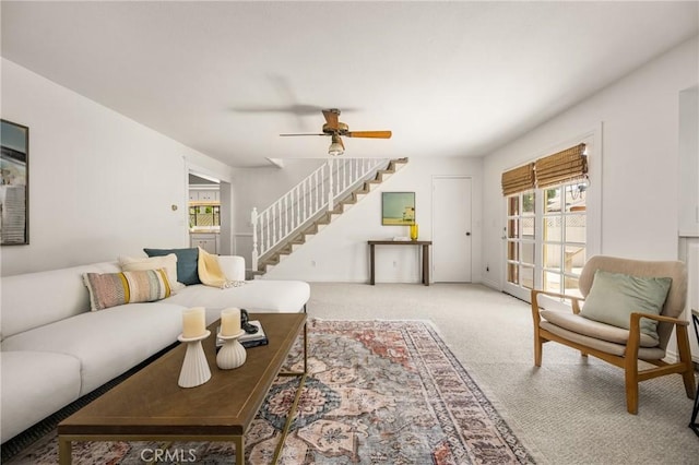 528 E Palmyra Ave, Orange, CA 92866 - carpeted living area featuring stairs and a ceiling fan