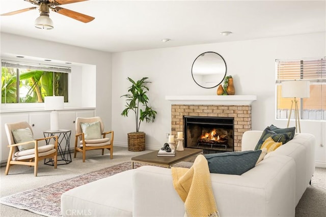 528 E Palmyra Ave, Orange, CA 92866 - carpeted living area featuring a fireplace and ceiling fan