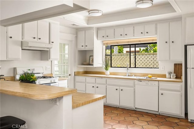 528 E Palmyra Ave, Orange, CA 92866 - kitchen featuring white appliances, under cabinet range hood, a tray ceiling, ornamental molding, and white cabinets
