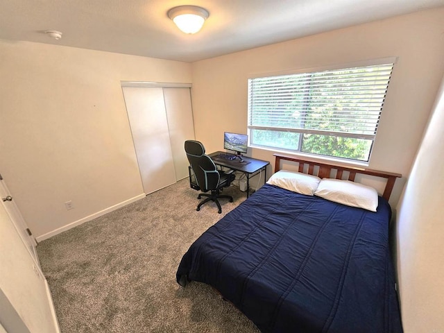 bedroom featuring carpet flooring, a closet, and baseboards