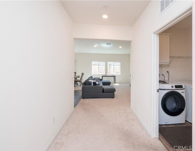 15667 San Diego Ln, Victorville, CA 92394 - washroom featuring washer / dryer, light colored carpet, recessed lighting, and baseboards