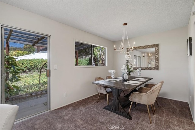 251 Mountain Crest Rd, Duarte, CA 91010 - carpeted dining space with a chandelier, a textured ceiling, and baseboards