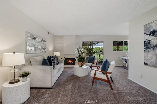251 Mountain Crest Rd, Duarte, CA 91010 - living area with carpet flooring, a brick fireplace, and baseboards
