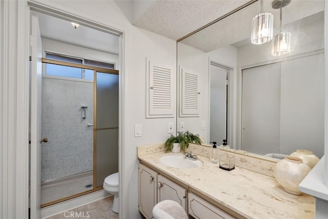 251 Mountain Crest Rd, Duarte, CA 91010 - full bathroom with toilet, a stall shower, vanity, and a textured ceiling