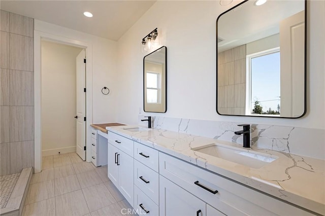 1890 Arrowhead Dr, Paradise, CA 95969 - full bath featuring plenty of natural light, double vanity, recessed lighting, baseboards, and tile patterned floors