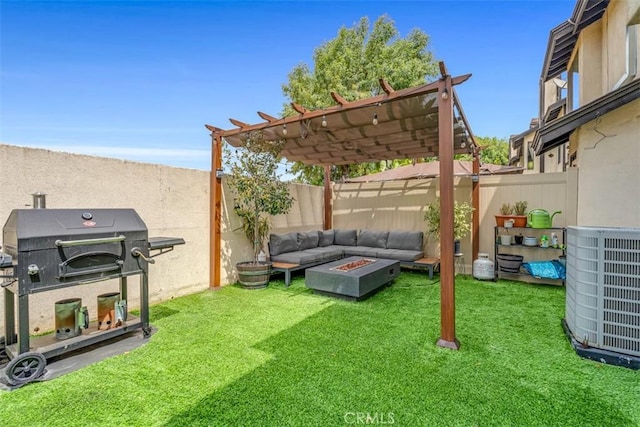 349 S Monte Vista St Unit 20, La Habra, CA 90631 - view of yard with central AC, a pergola, and an outdoor living space with a fire pit