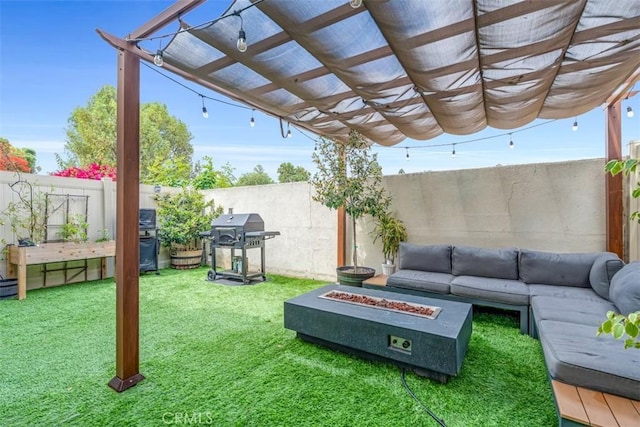 349 S Monte Vista St Unit 20, La Habra, CA 90631 - view of patio / terrace featuring an outdoor living space with a fire pit, a pergola, and grilling area