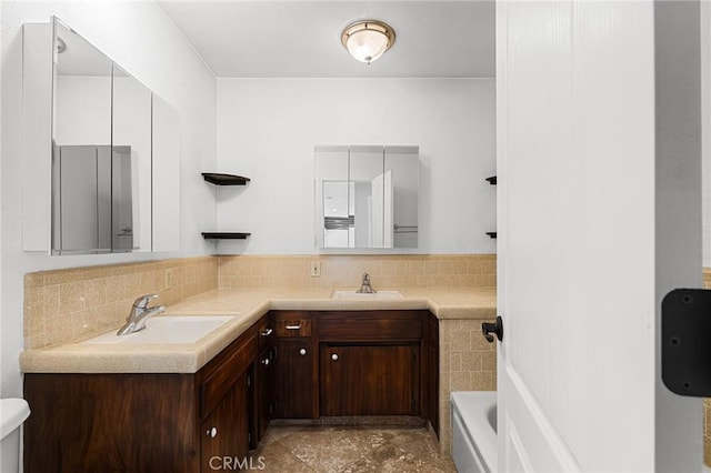 201 Valley View Dr, Oroville, CA 95966 - bathroom with double vanity and decorative backsplash