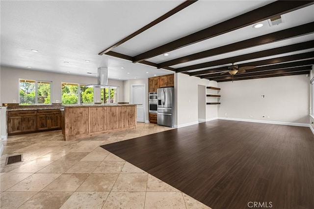 201 Valley View Dr, Oroville, CA 95966 - unfurnished living room with beamed ceiling, recessed lighting, baseboards, and ceiling fan