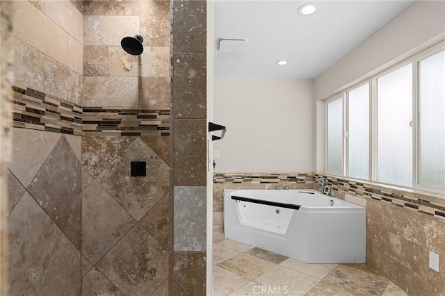 201 Valley View Dr, Oroville, CA 95966 - full bathroom with tile walls, a tile shower, a bath, recessed lighting, and a sink