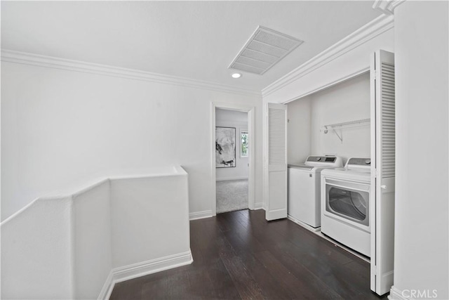 50 Bluff Cove Dr, Aliso Viejo, CA 92656 - laundry area with washer and dryer, crown molding, recessed lighting, dark wood-style flooring, and baseboards