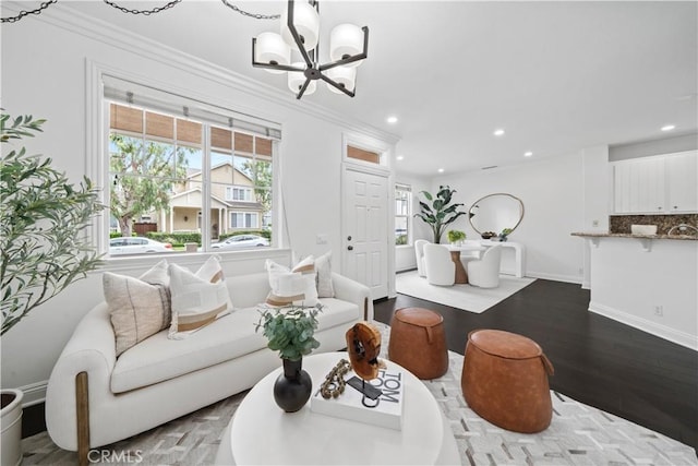 50 Bluff Cove Dr, Aliso Viejo, CA 92656 - living area with a chandelier, recessed lighting, dark wood-style flooring, baseboards, and ornamental molding