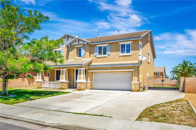 traditional-style house with covered porch, an attached garage, stucco siding, concrete driveway, and stone siding