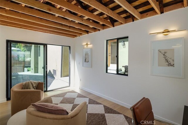 2136 Echo Park Ave, Los Angeles, CA 90026 - living room with baseboards, wood finished floors, and wooden ceiling with exposed beams
