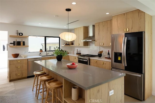 2136 Echo Park Ave, Los Angeles, CA 90026 - kitchen featuring open shelves, appliances with stainless steel finishes, wall chimney exhaust hood, a sink, and recessed lighting