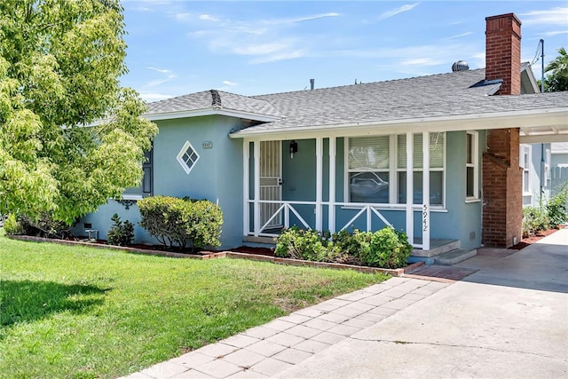 5942 Birch St, Riverside, CA 92506 - view of front of house featuring stucco siding, a shingled roof, a front yard, a chimney, and a porch