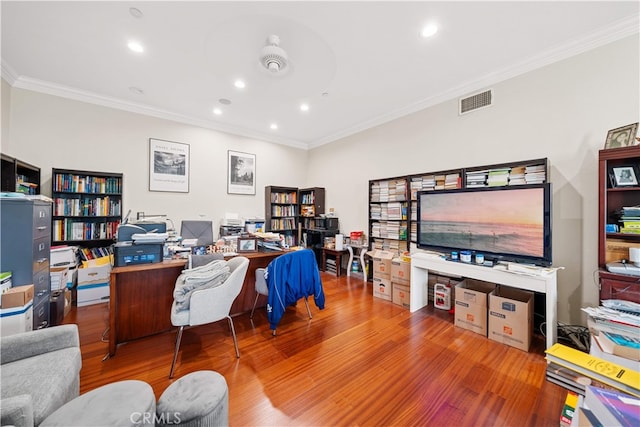 1621 Bryan Ave, Tustin, CA 92780 - office area with wood finished floors, crown molding, and recessed lighting